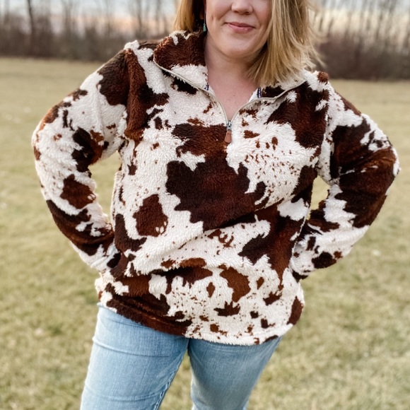 Cow Print 14 Zip Sherpa Pullover | Poshmark